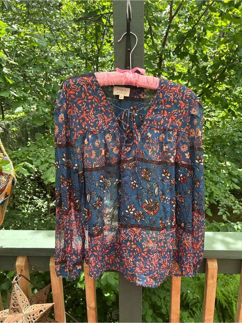 Francesca’s Sheer Floral Tie-Neck Blouse in Blue and Rust